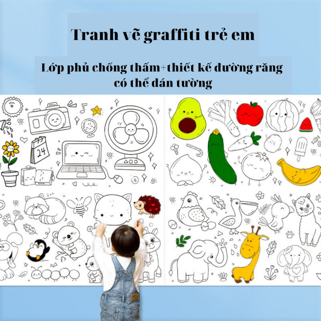 Tranh Cuộn Tô Màu Dán Tường 3m Cho Bé,Có Thể Cắt Dán,Kèm Mầu Hữu Cơ,TiệmnhàSóc Giúp Trẻ Hiểu Thêm Thế Giới Xung Quanh