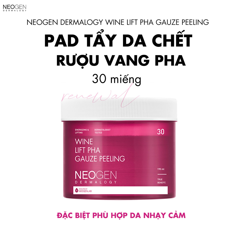 DATE 18/4/2024 Pad Tẩy Da Chết Neogen Dermalogy Wine Lift PHA Gauze Peeling 30 Miếng 190ml