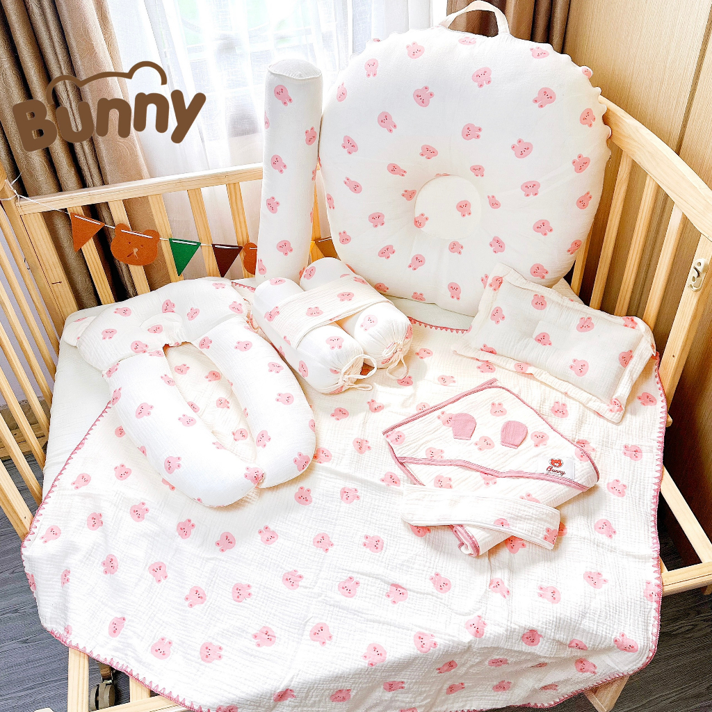 Combo sơ sinh cho bé trai, bé gái Bunny gồm 7 sản phẩm Muslin cao cấp đệm chống trào, gối ôm, khăn, ủ, gối chữ u