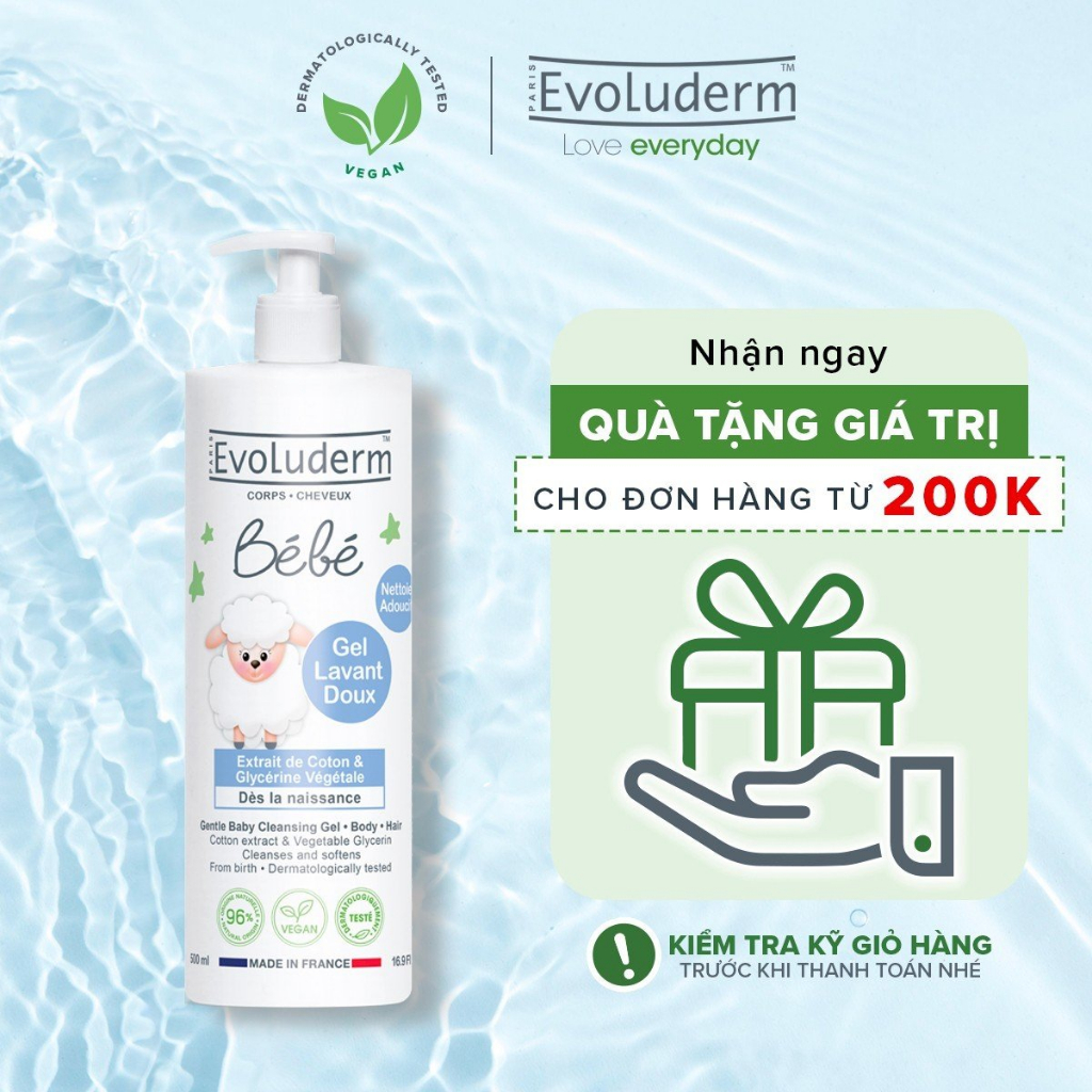 Gel tắm gội làm sạch dưỡng ẩm toàn thân cho em bé Chính hãng Evoluderm 500ml