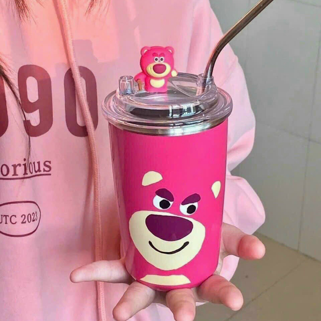 Ly Giữ Nhiệt Gấu Dâu Lotso Siêu Cứng, Siêu Xinh 500ml Bình Nước Giữ Nhiệt Dâu Tây Hoạt Hình Dễ Thương. Lõi Inox Chống Gỉ