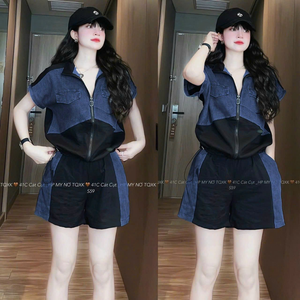 Set jean zip áo lửng cổ trụ kéo khoá rút dây mix quần sooc cạp chun xinh xắn trẻ trung năng động dành các nàng siêu hot