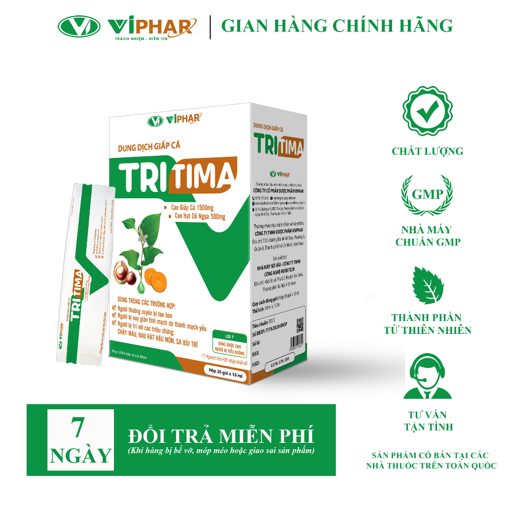 Gói Uống Giảm Chảy Máu, Sưng, Đau, Nóng, Ngứa, Rát Hậu Môn, Sa Búi Trĩ, Táo Bón TRITIMA VIPHAR Hộp 20 Gói 10ml