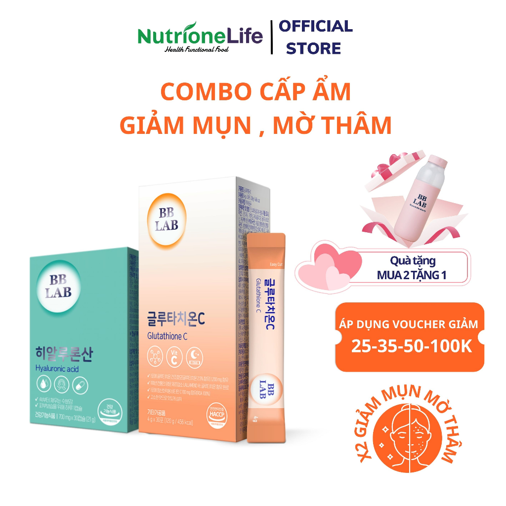 Combo BB LAB Hyaluronic Acid, Glutathione C Cấp Ẩm, Giảm Tiết Dầu, Giảm Mụn, Mờ Thâm 30 Viên- 30 Gói/Hộp