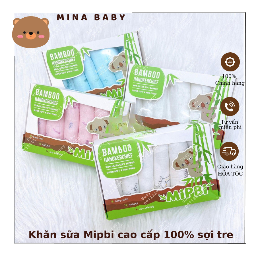 Hộp 6 khăn sữa cao cấp Mipbi 3 lớp 100% sợi tre mềm mại, kháng khuẩn