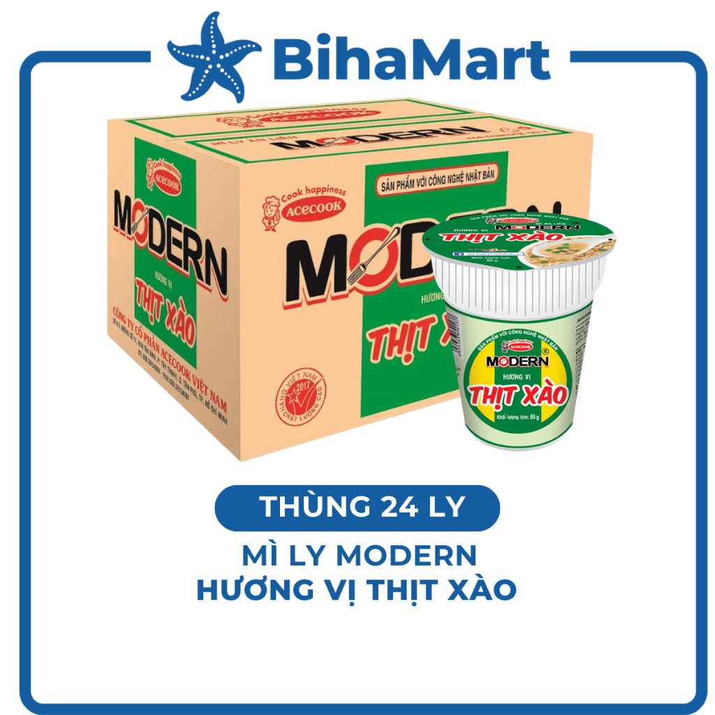 [THÙNG 24 LY] - ACECOOK - Mì ly Modern Thịt Xào (65g/ly) - Mì ly ăn liền Modern hương vị thịt xào - Mì thịt xào Modern