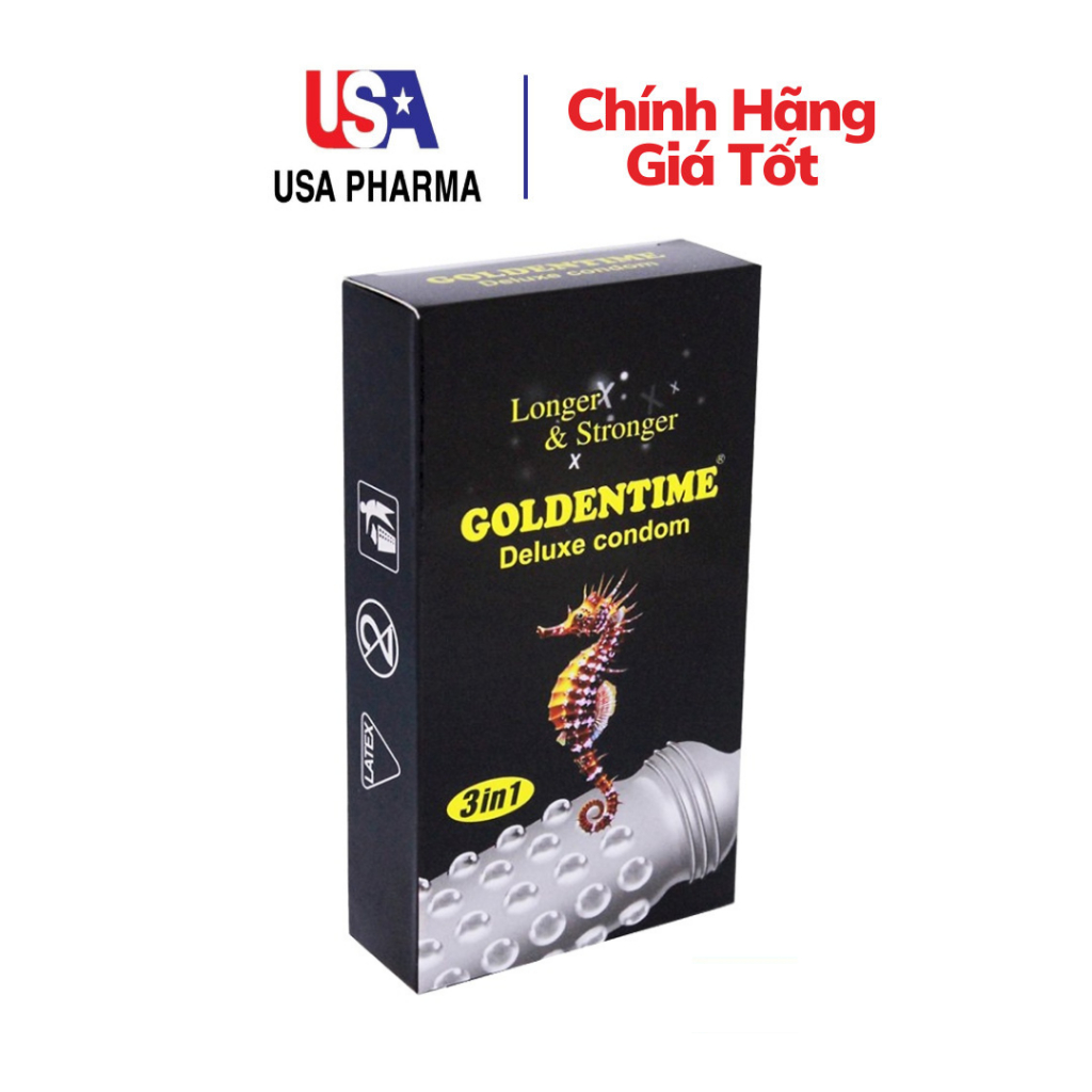 Bao cao su Goldentime 3in1 Gân, Gai, Kéo dài - Hộp 3 cái