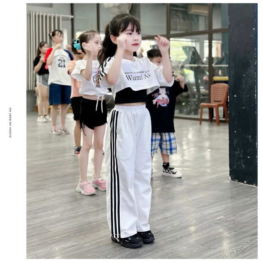 Set Bộ Thể Thao Tập Nhảy 3 Chi Tiết FANE Áo Crotop Quần Suông Màu Trắng Đen Cho Bé Gái Nhảy Hiện Đại Tiktok ZumBa Hiphop