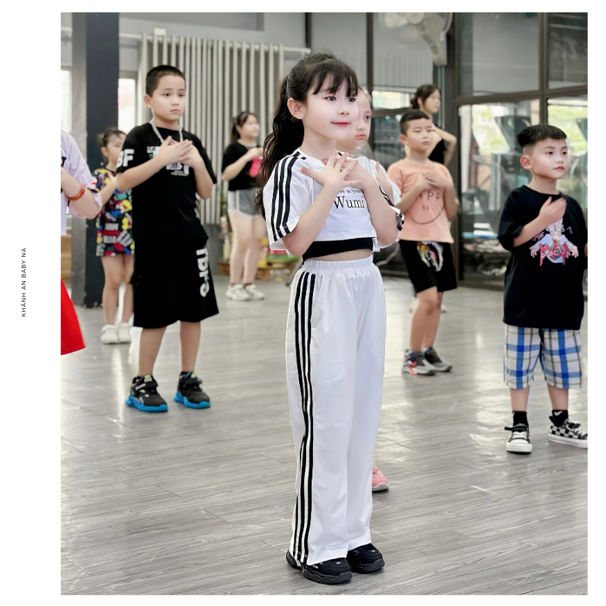 Set Bộ Thể Thao Tập Nhảy 3 Chi Tiết FANE Áo Crotop Quần Suông Màu Trắng Đen Cho Bé Gái Nhảy Hiện Đại Tiktok ZumBa Hiphop