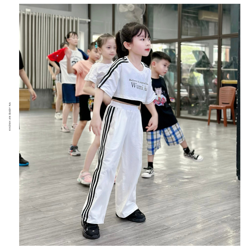 Set Bộ Thể Thao Tập Nhảy 3 Chi Tiết FANE Áo Crotop Quần Suông Màu Trắng Đen Cho Bé Gái Nhảy Hiện Đại Tiktok ZumBa Hiphop