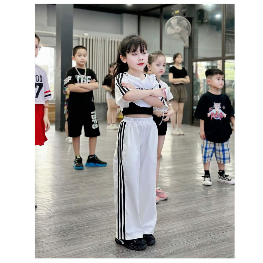 Set Bộ Thể Thao Tập Nhảy 3 Chi Tiết FANE Áo Crotop Quần Suông Màu Trắng Đen Cho Bé Gái Nhảy Hiện Đại Tiktok ZumBa Hiphop