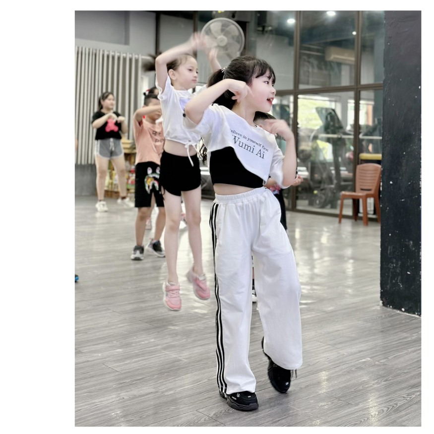 Set Bộ Thể Thao Tập Nhảy 3 Chi Tiết FANE Áo Crotop Quần Suông Màu Trắng Đen Cho Bé Gái Nhảy Hiện Đại Tiktok ZumBa Hiphop