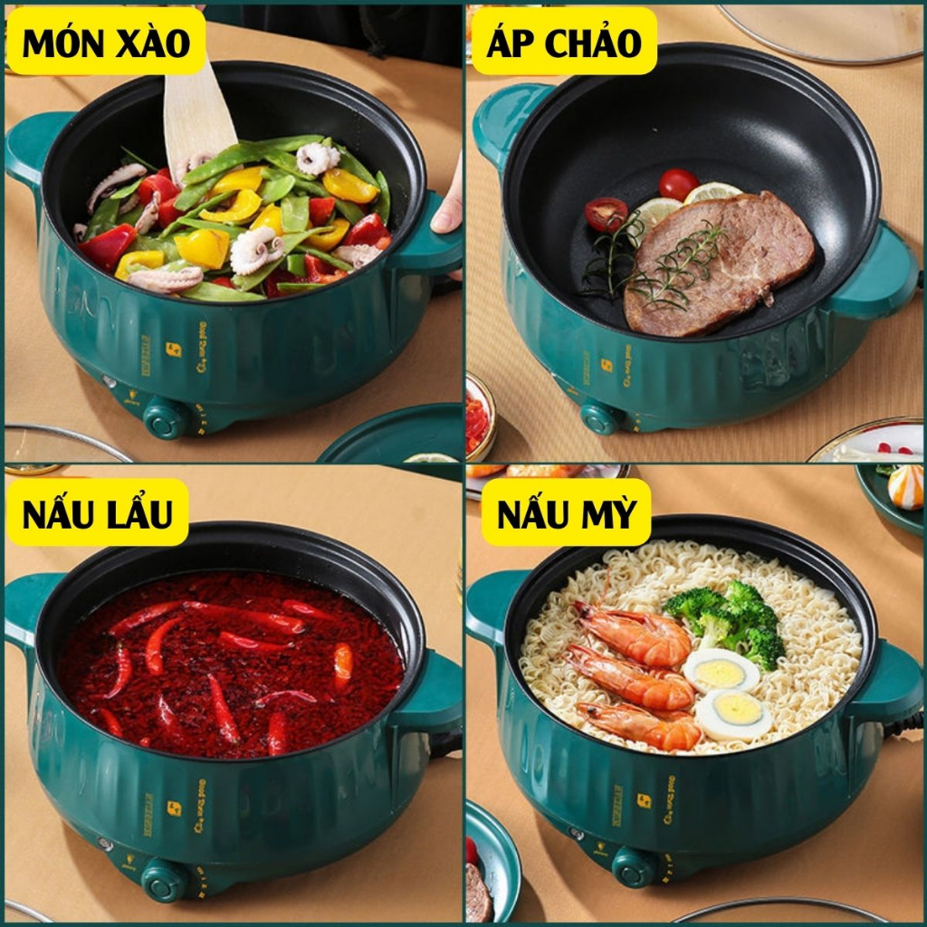 Nồi lẩu điện đa năng, nồi hấp điện 2 tầng, nồi lẩu chống dính, nồi điện đa năng, lòng nồi chống dính vân đá cao cấp 28cm
