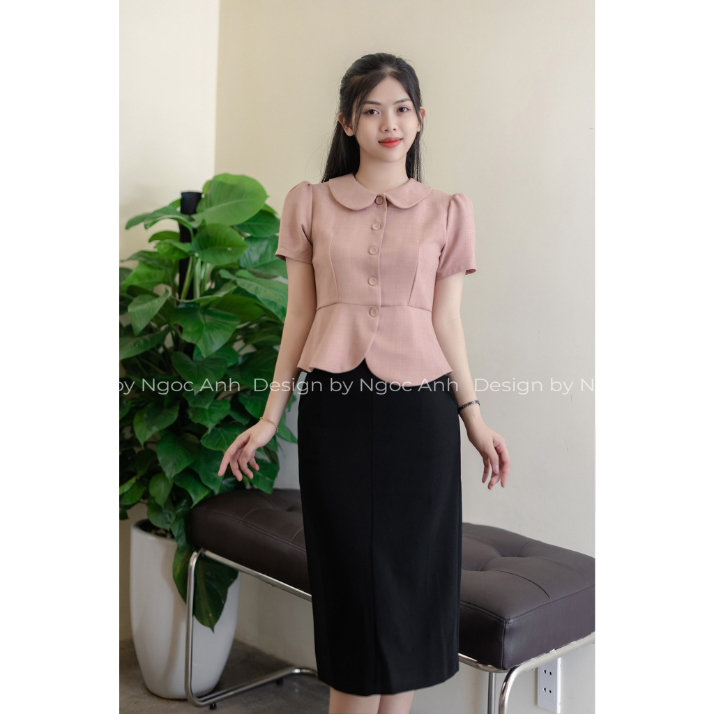 Áo sơ mi peplum công sở cổ tròn cúc bọc dáng ngắn chất cotton lanh LELY FASHION_A1723