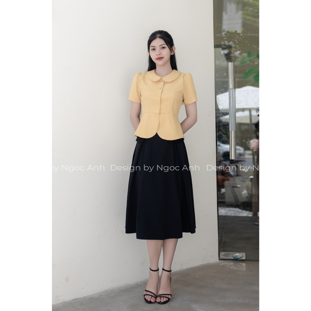 Áo sơ mi peplum công sở cổ tròn cúc bọc dáng ngắn chất cotton lanh LELY FASHION_A1723