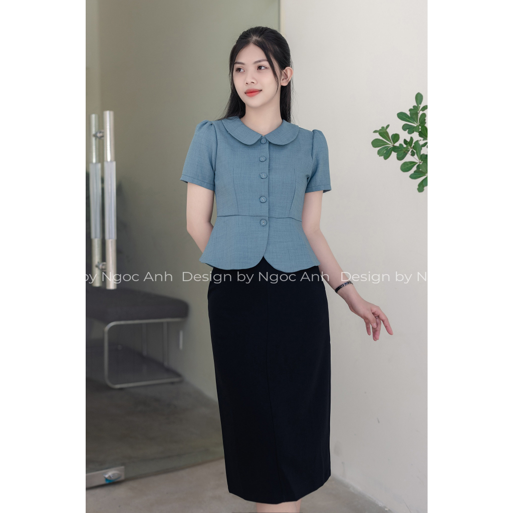 Áo sơ mi peplum công sở cổ tròn cúc bọc dáng ngắn chất cotton lanh LELY FASHION_A1723
