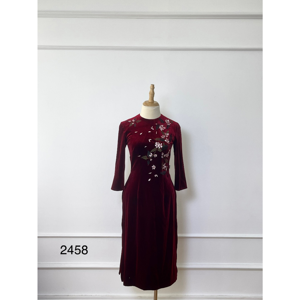A2458 Áo dài nhung DCHIC Hàng hiệu chính hãng thời trang nữ màu đỏ size S Secondhand thanh lý ký gửi
