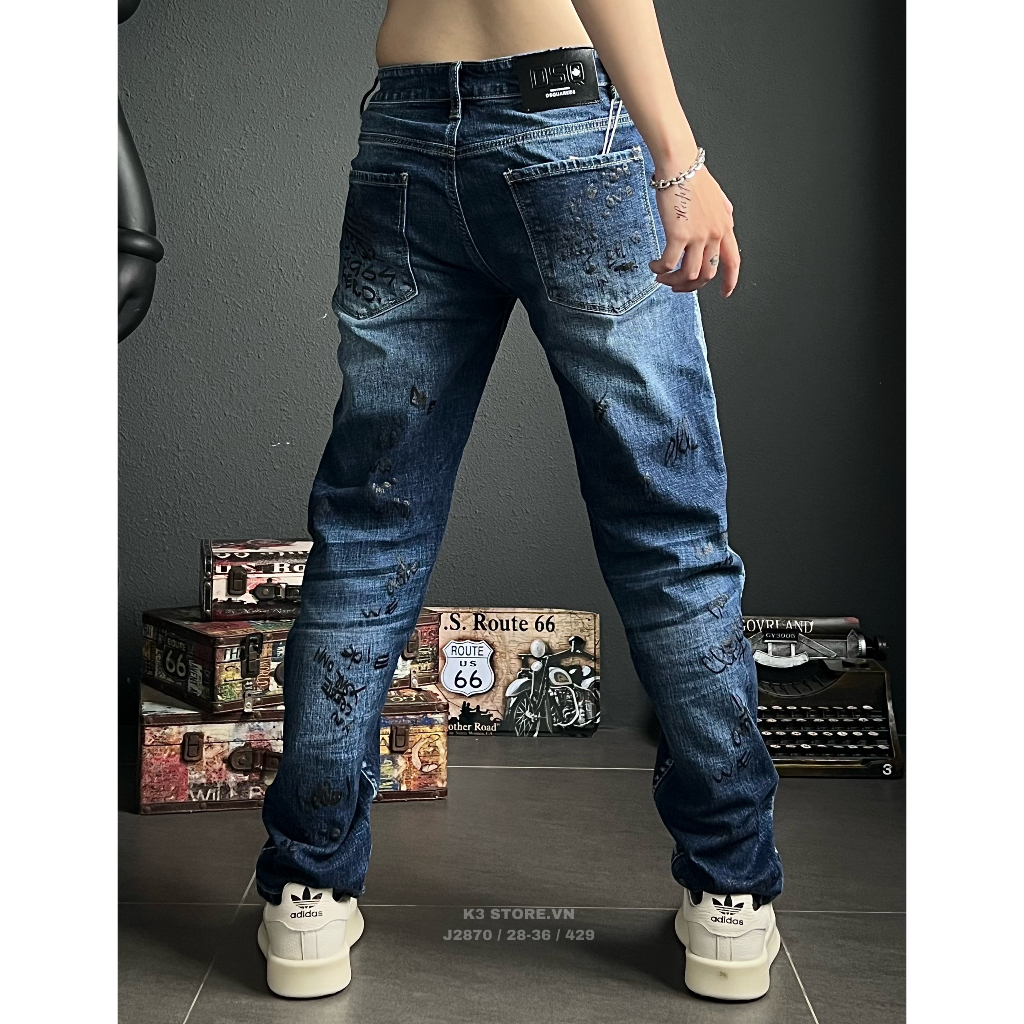 Quần jean nam dài màu xanh đậm in full quần nổi bật chất jean co giãn nhẹ chi tiết như hình J2870 K3 STORE