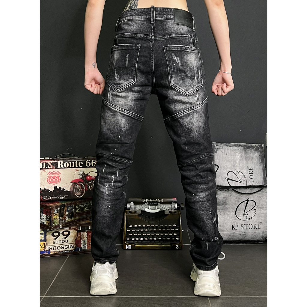 Quần jean đen dài nam rách phun sơn chất jean co giãn nhẹ mẫu mới 2023 chi tiết như hình J2706 K3 STORE