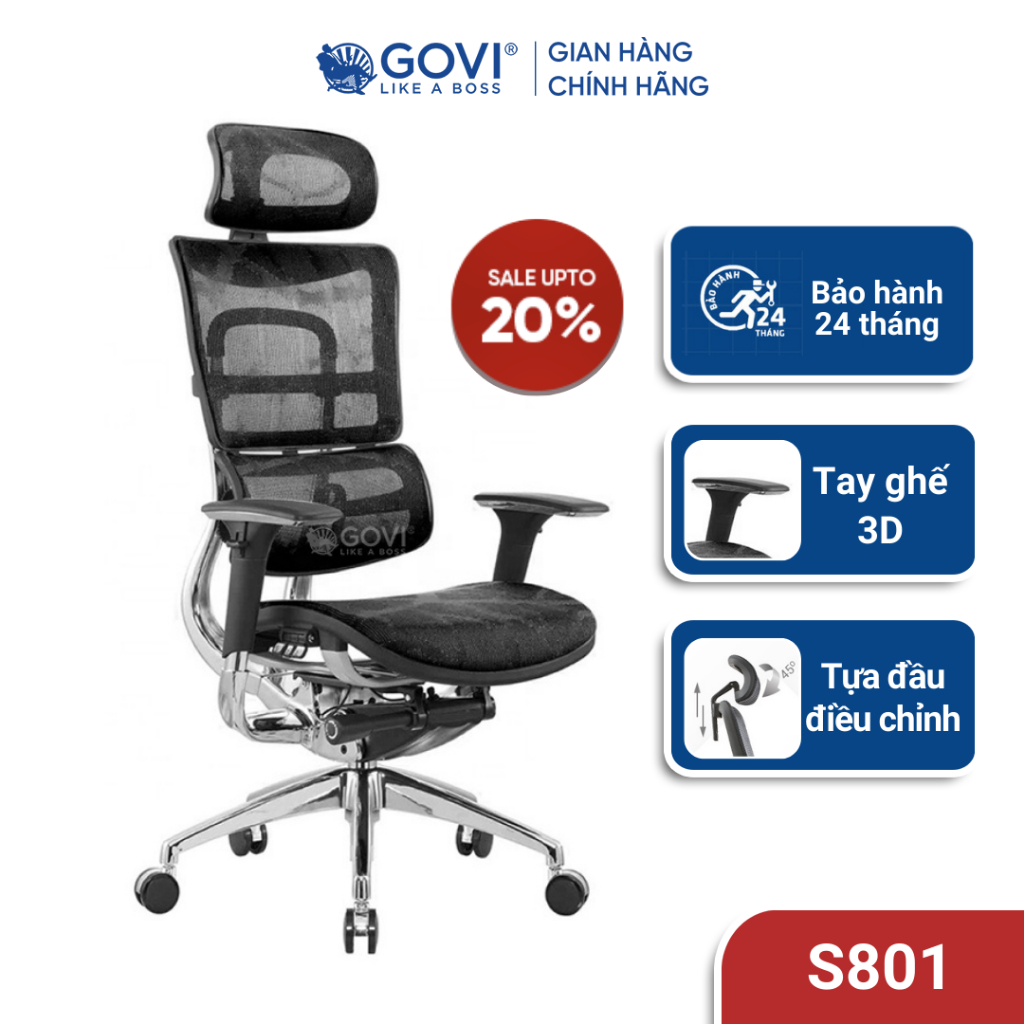 Ghế công thái học GOVI Ergonomic Solo S801 - Tựa đầu tựa tay điều chỉnh, chân hợp kim, ngả lưng khóa đồng bộ 90-135 độ