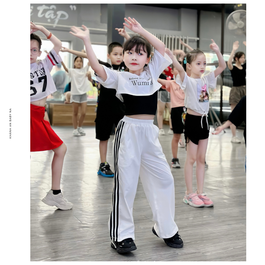 Set Bộ 3 Chi Tiết Thể Thao Khánh An Baby Áo Crotop Quần Suông Màu Trắng Đen Cho Bé Gái Nhảy Hiện Đại Tiktok ZumBa Hiphop