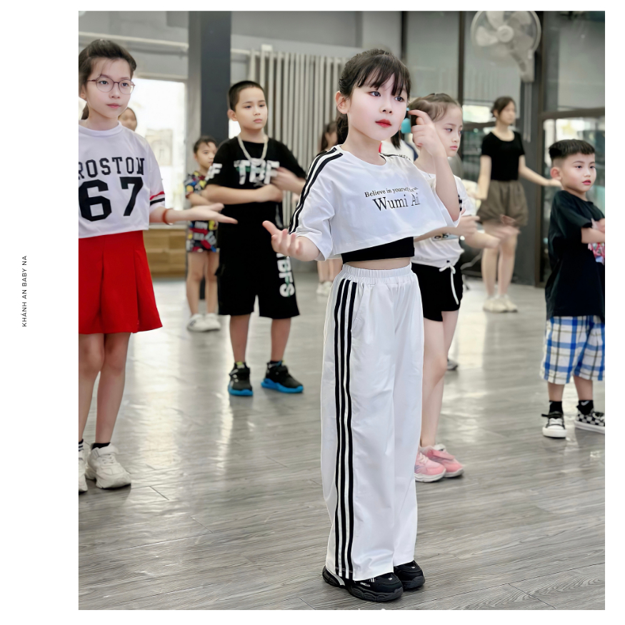 Set Bộ 3 Chi Tiết Thể Thao Khánh An Baby Áo Crotop Quần Suông Màu Trắng Đen Cho Bé Gái Nhảy Hiện Đại Tiktok ZumBa Hiphop