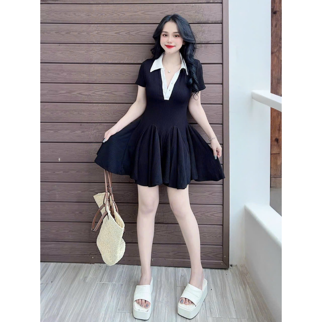 Đầm váy nữ dáng tùng xòe thiết kế cổ V phối trắng chát thun len tăm có 2 màu KẺ SỌC, ĐEN siêu hack dáng mặc đi dạo phố