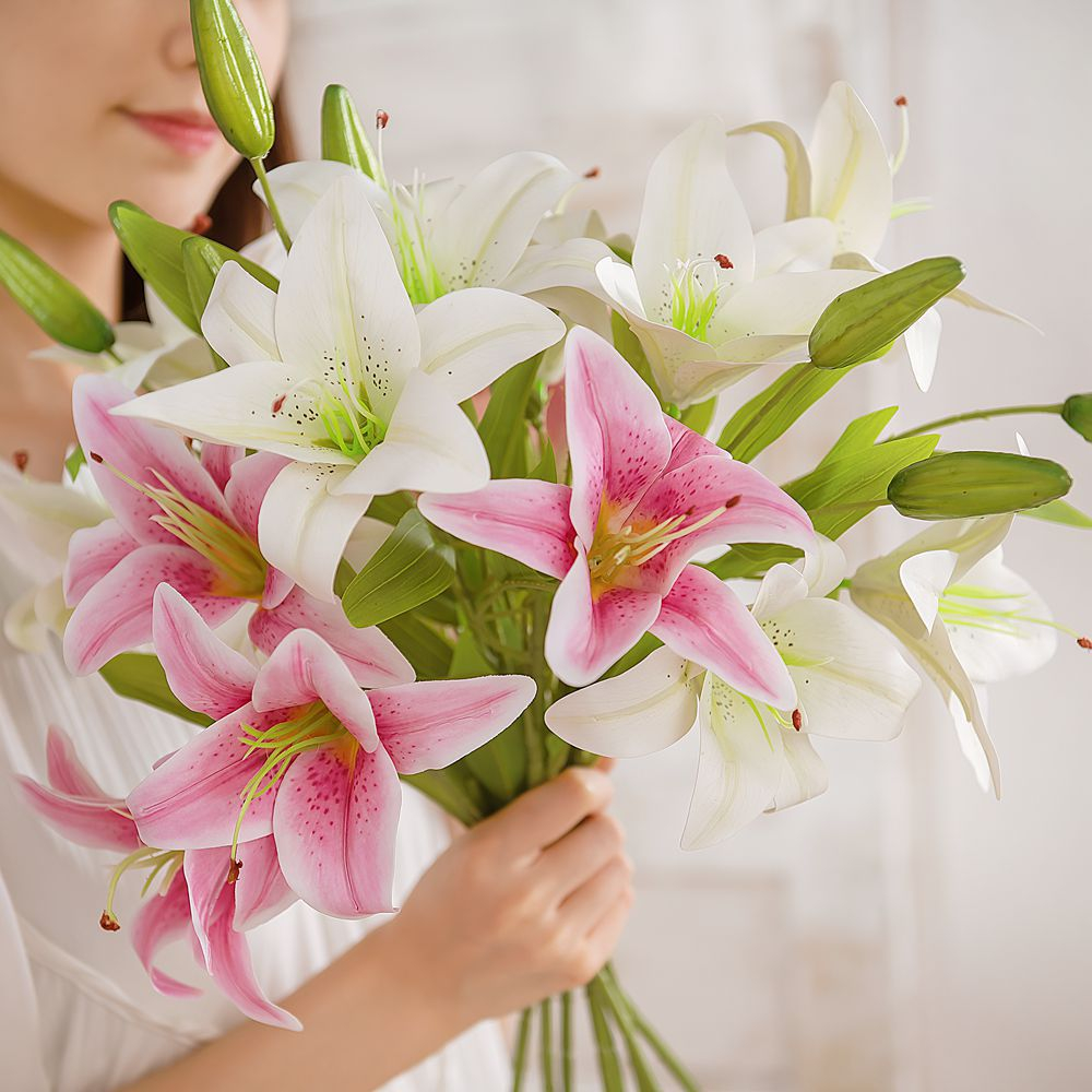HCM - Hoa Ly giả nhựa siêu bền đẹp 2 bông 1 nụ dài 57,5cm trang trí nhà cửa, hoa trang trí tết
