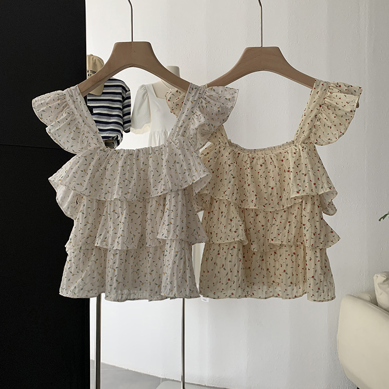 Áo voan hoa nhí kiểu nữ Xếp 3 tầng Baby doll Bánh bèo Hàn Quốc Áo voan kiểu nữ Bánh bèo Nữ tính