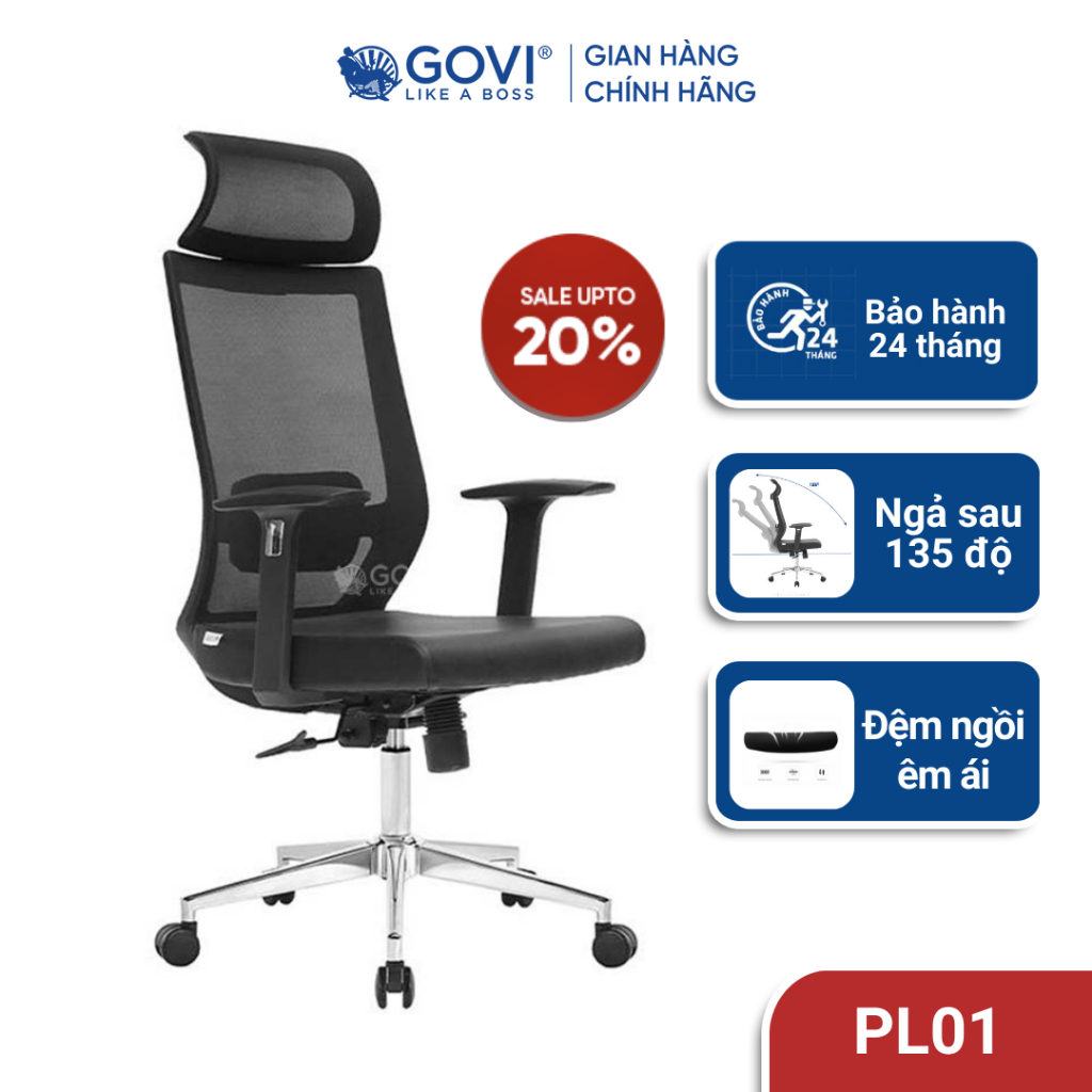 Ghế công thái học GOVI Ergonomic Plato PL01 Tựa đầu tựa tay cố định, Mâm ghế ngả lưng 90-135 độ, khóa cố định 3 vị trí