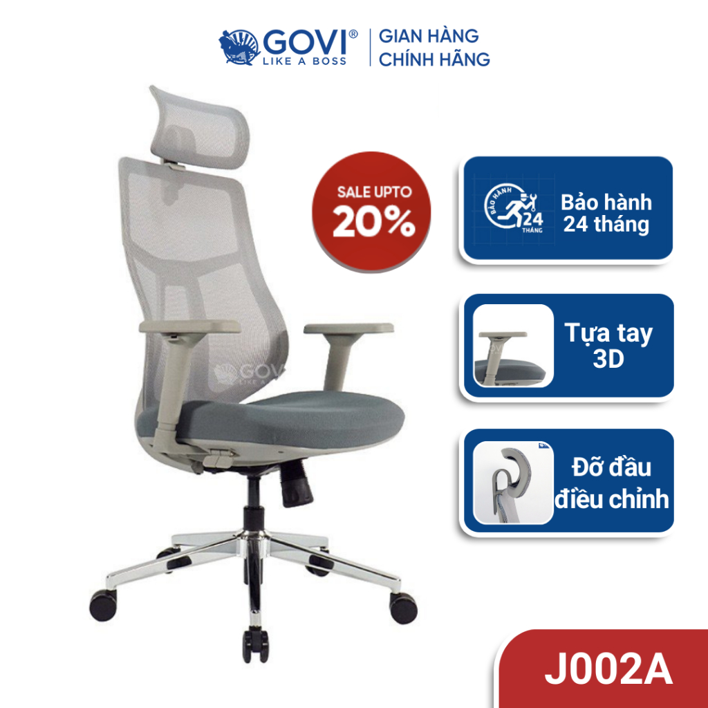 Ghế xoay văn phòng công thái học GOVI Jumo J002A - Khung ghế chắc chắn, tựa tay 3D nâng hạ