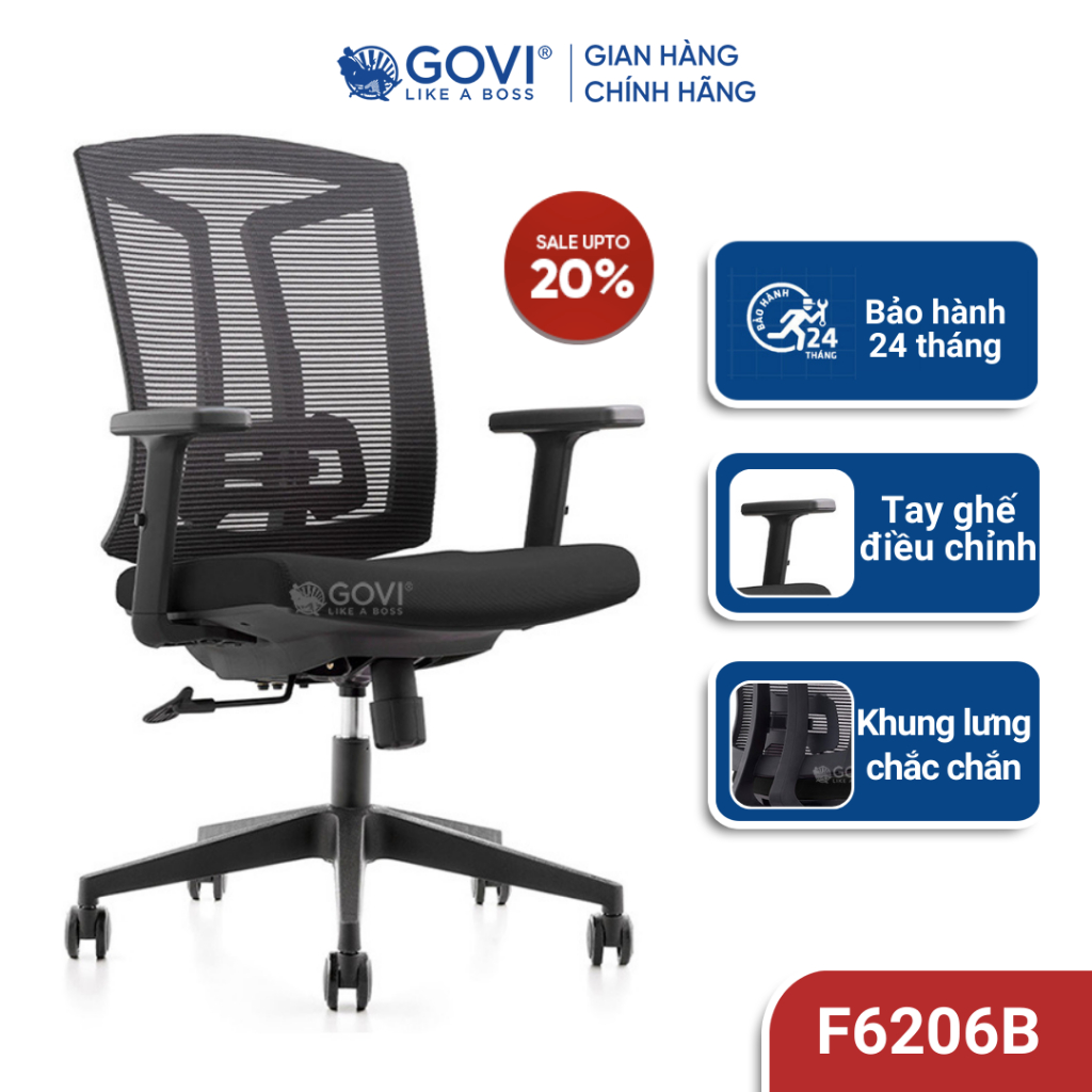 Ghế xoay văn phòng GOVI Felix 6206B-2 - Tựa tay điều chỉnh, khung nhựa chắc chắn, lưng lưới nhập khẩu thoáng mát