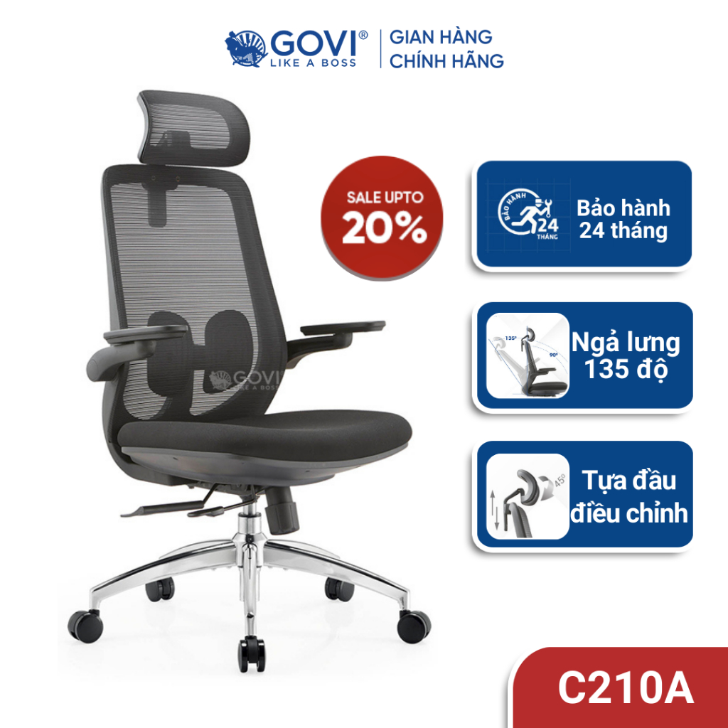 Ghế công thái học Ergonomic Como C210A - Tựa tay 2D, mâm ghế chỉnh ngả 90-135 độ, lưng lưới thoáng mát