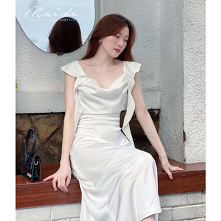 Maide Đầm Lụa Cổ đổ xếp li eo Lena Dress ( TRẮNG)