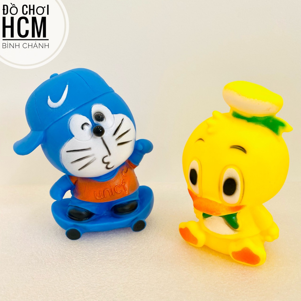 Đồ chơi thú bóp kêu chíp chíp hình Doremon, Vịt vàng cho bé cầm tay, bóp mềm giảm căng thẳng, xả stress