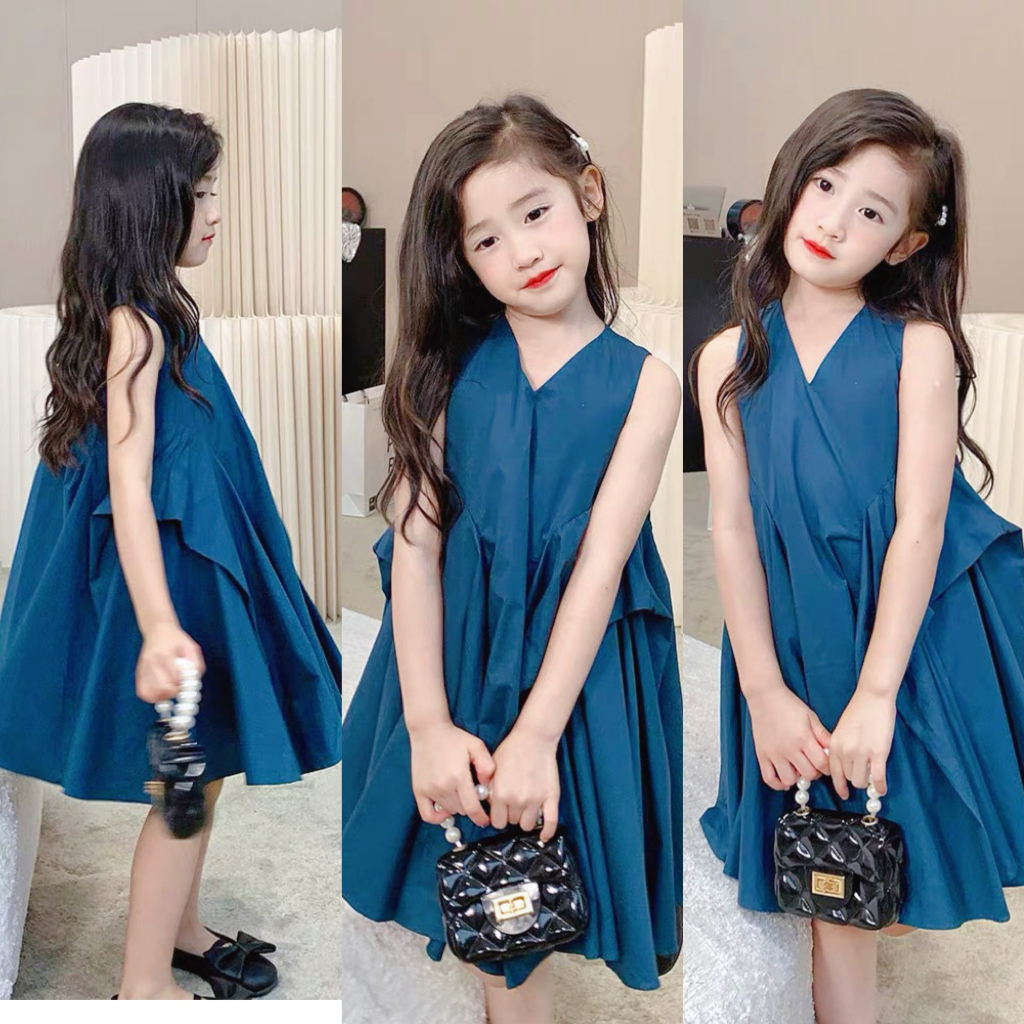Váy bé gái, Váy đầm bé gái. Đầm xòe vintage bé gái sang chảnh chất thô cotton Hàn mềm mát size đại 10Y 40kg