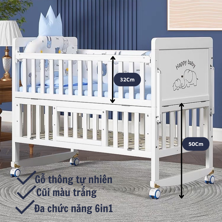 Cũi Em Bé Kích Thước 105x60cm  Chức Năng 6in1- Kiwi.baby.shop