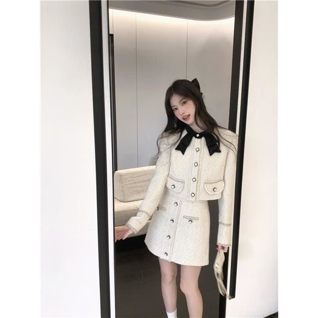 Set áo khoác Dạ tweed trắng ĐÍnh Nơ Đen Đóng Cúc và Chân váy Chữ A Dáng ngắn phong Cách tiểu thư ảnh thật