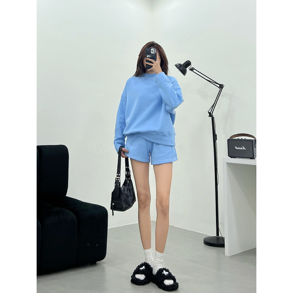 Bộ quần áo nỉ trơn oversize HHVINTAGE kiểu sweater short Set A108