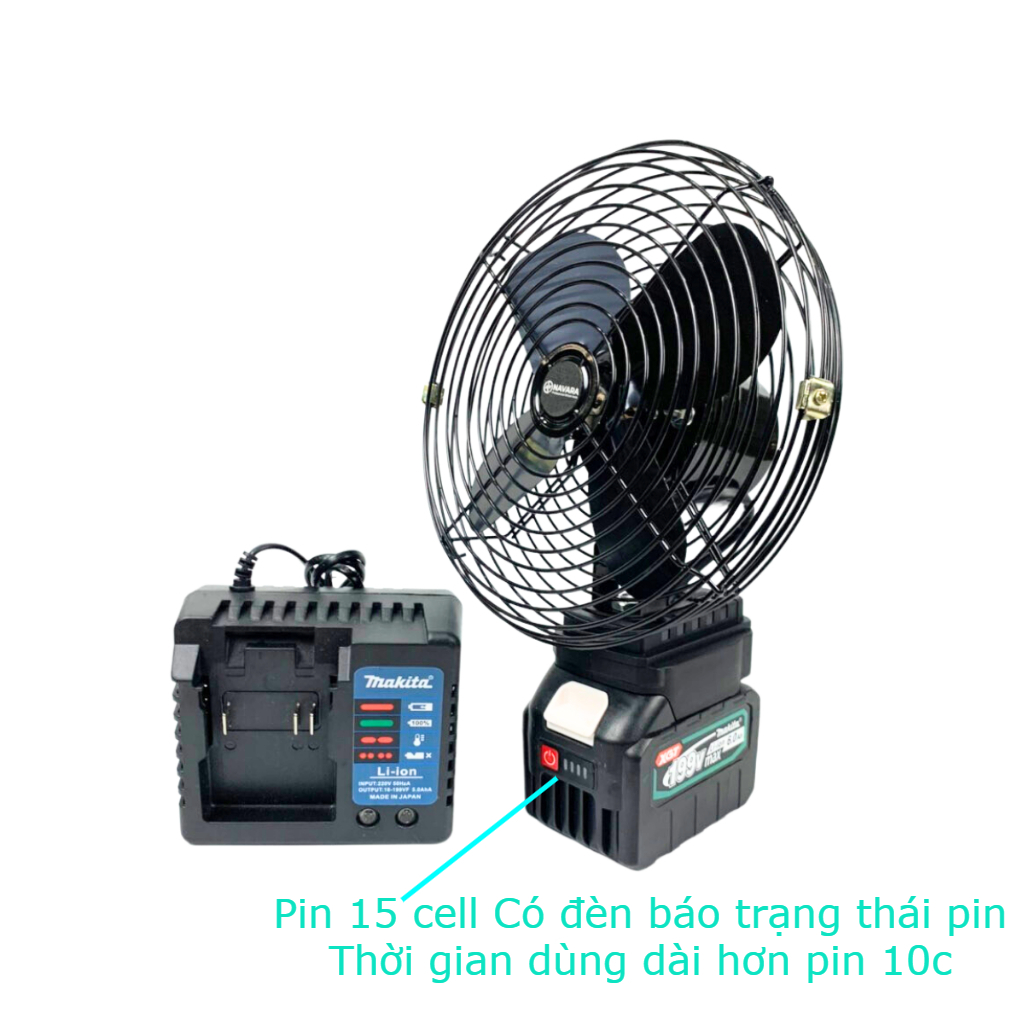 Quạt mini để bàn Quạt chạy pin Makita sạc tích điện 8 inch, sài chung pin Makita 14,4v 18v 21v
