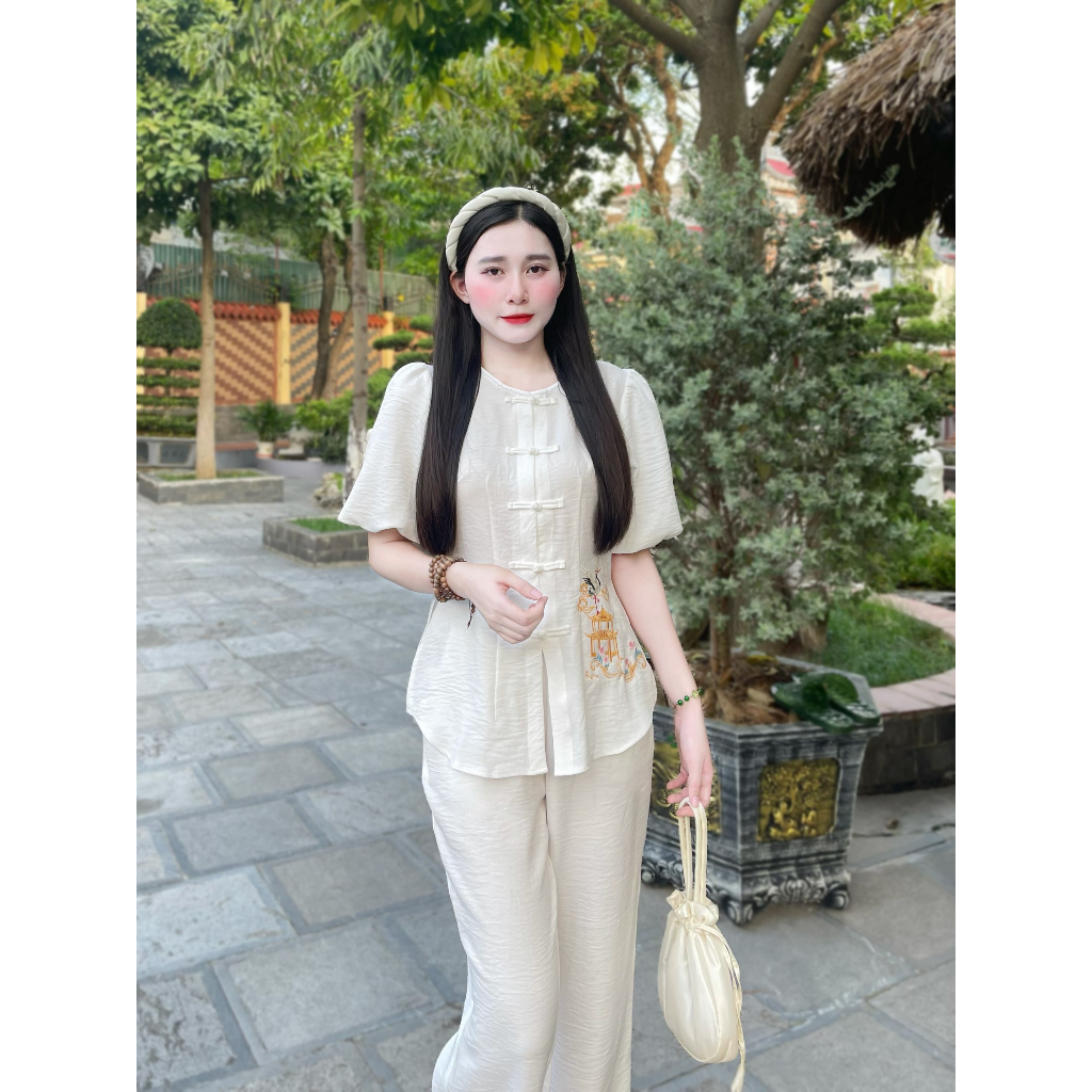 Đồ Lam Đi Chùa Bộ Đi Lễ Nữ Đũi Vân Mây Thêu Hạc Tay Bồng Cộc Cao Cấp