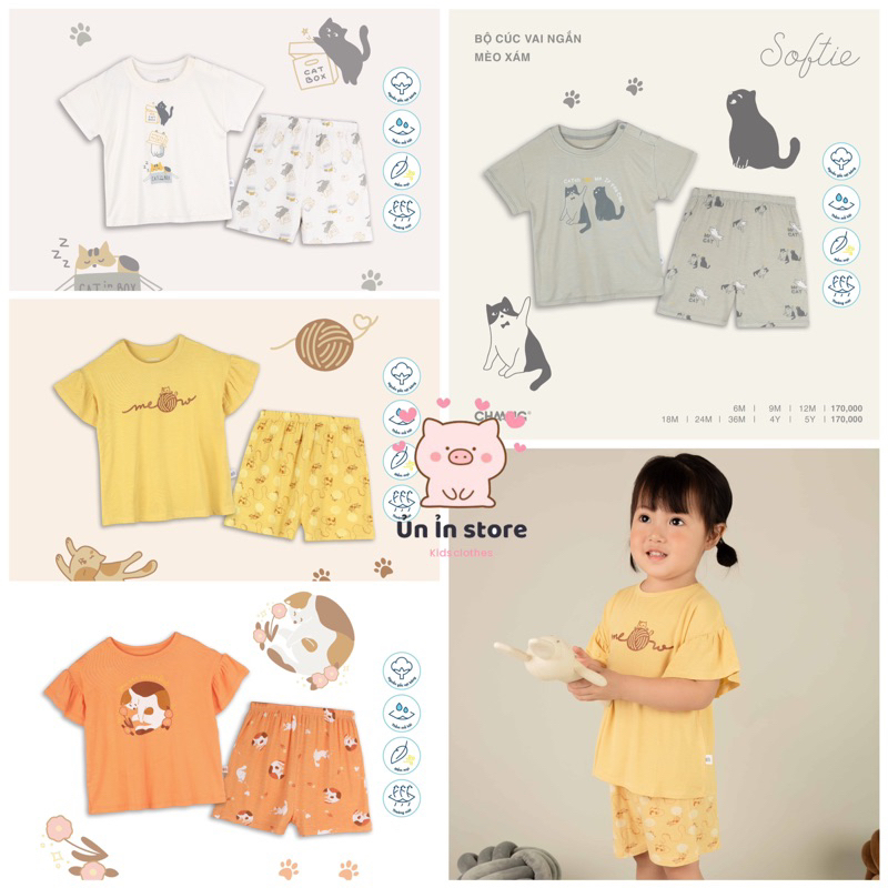 Chaang bộ cộc tay cúc vai cho bé trai bé gái Mèo con AW2023D08