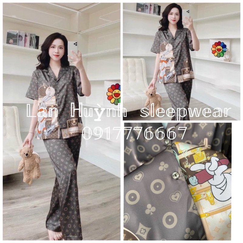 pijama lụa Quảng Châu cao cấp leisure tay ngắn nâu