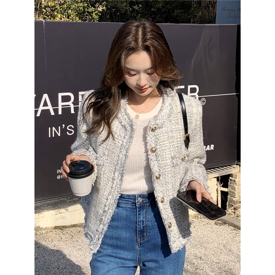 Áo khoác Dạ tweed Dáng Rộng dài Xám Đính Cúc vàng Tua Rua Phong Cách đơn giản ảnh thật