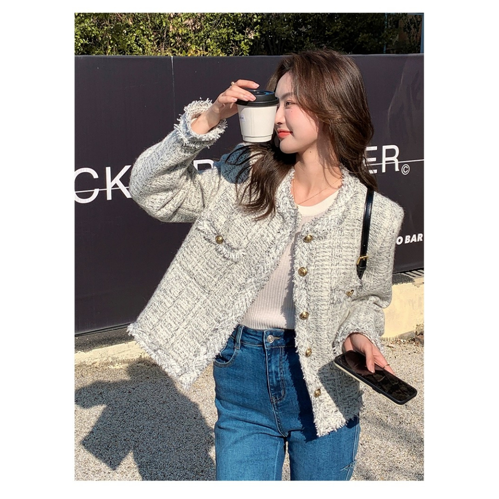 Áo khoác Dạ tweed Dáng Rộng dài Xám Đính Cúc vàng Tua Rua Phong Cách đơn giản ảnh thật