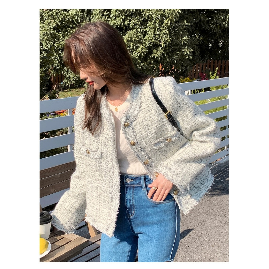 Áo khoác Dạ tweed Dáng Rộng dài Xám Đính Cúc vàng Tua Rua Phong Cách đơn giản ảnh thật