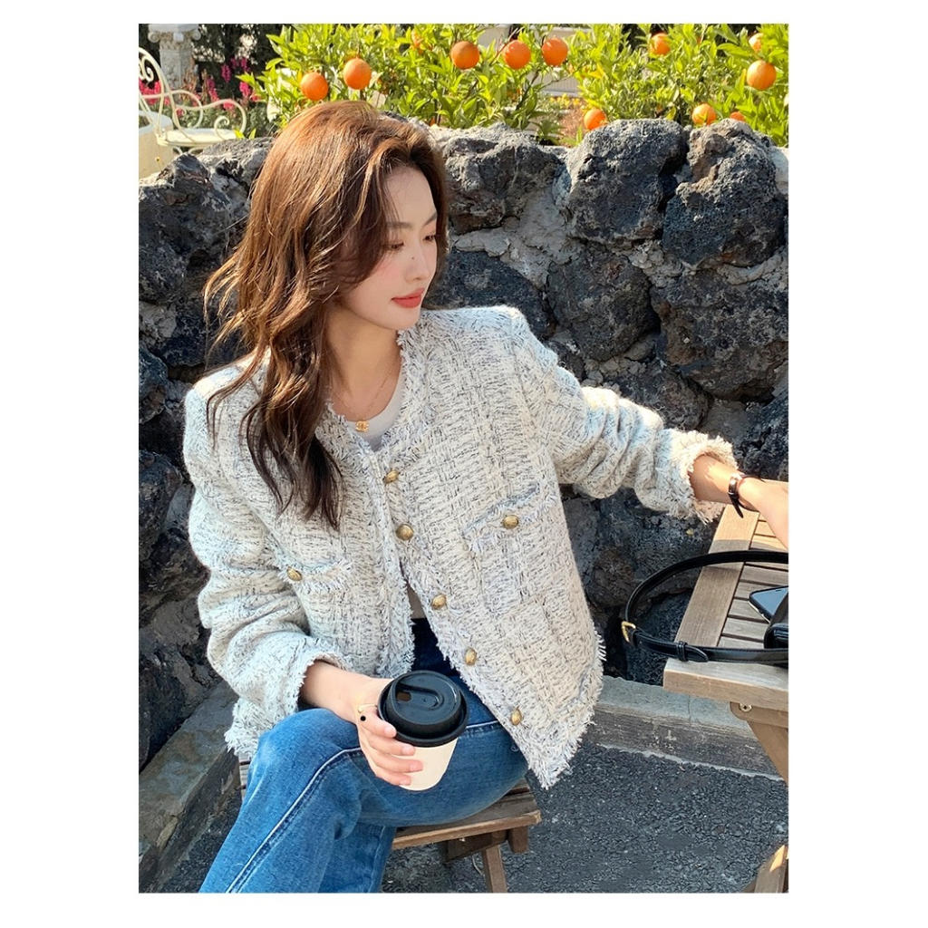 Áo khoác Dạ tweed Dáng Rộng dài Xám Đính Cúc vàng Tua Rua Phong Cách đơn giản ảnh thật