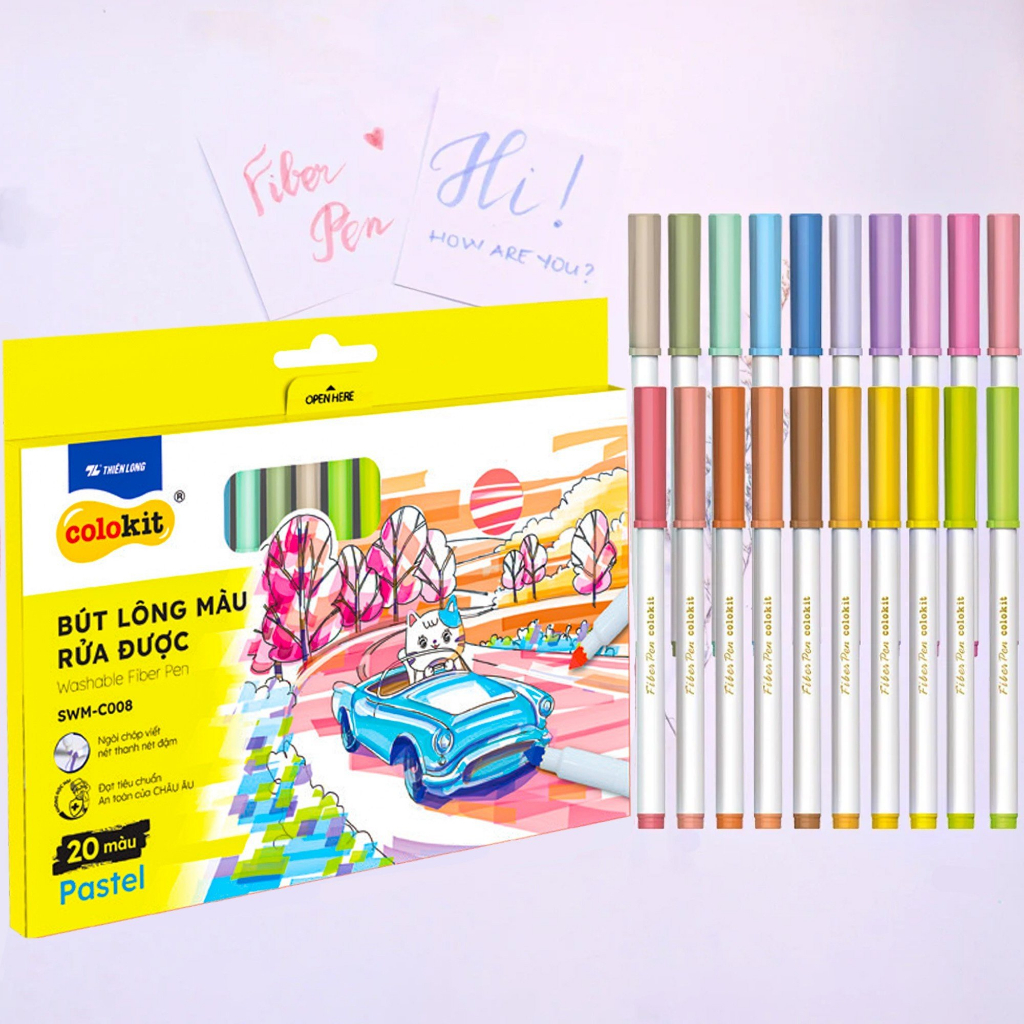 Bút lông màu Fiber Pen 20 màu Pastel Thiên Long Colokit SWM-C008 rửa được an toàn sử dụng tô màu, vẽ tranh, calligraphy