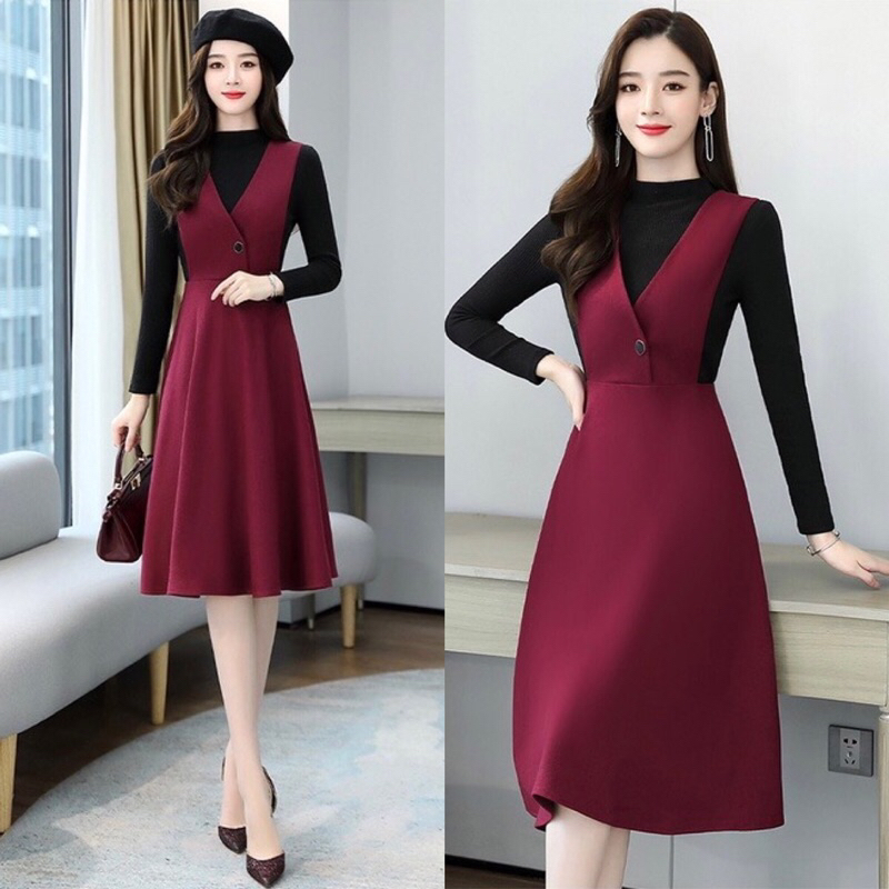 Set yếm váy xoè áo tay dài _ Đầm thiết kế nhiều form size M.L.XL.2XL
