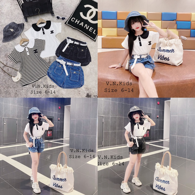 Set áo cổ sen + quần sóc Jean elinee size đại 19kg-44kg